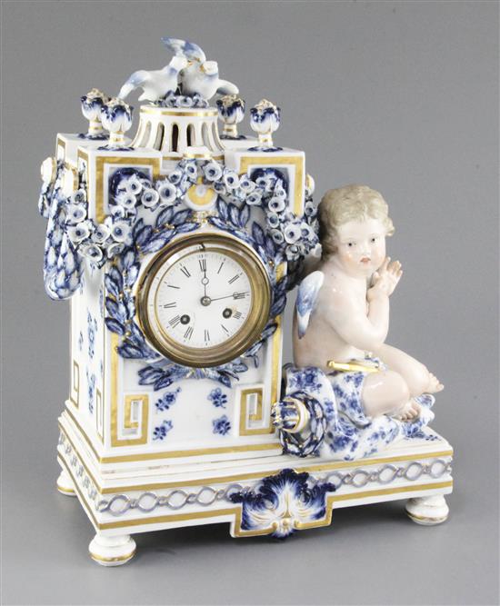 A Meissen figural mantel clock, late 19th century, height 30cm, tiny losses to flowers